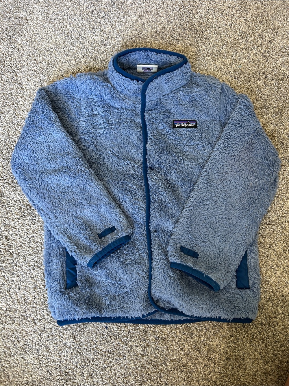 Patagonia Kids Light Blue Fuzzy Fleece Jacket with Dark Blue Trim